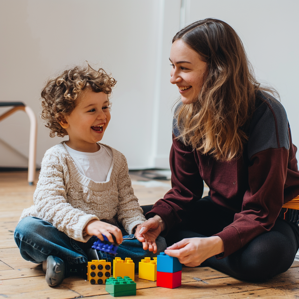 Woman playing blocks with a toddler