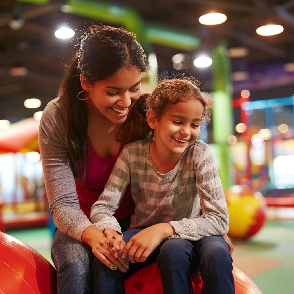 Woman helping a young girl at a play center